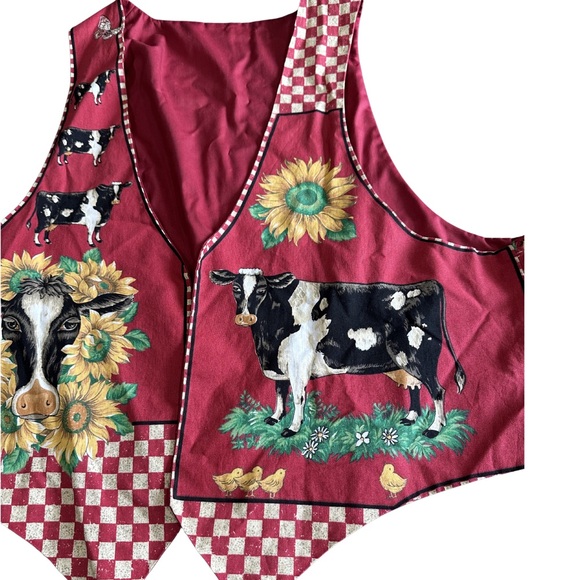 Vintage Cow Print Patchwork Vest Sunflower Farmhouse Cottagecore Red XL - Picture 2 of 6